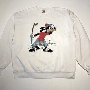 Vintage Jerzees Goofy Golfing White Sweater Crewneck Size L Made‎ In USA Rare